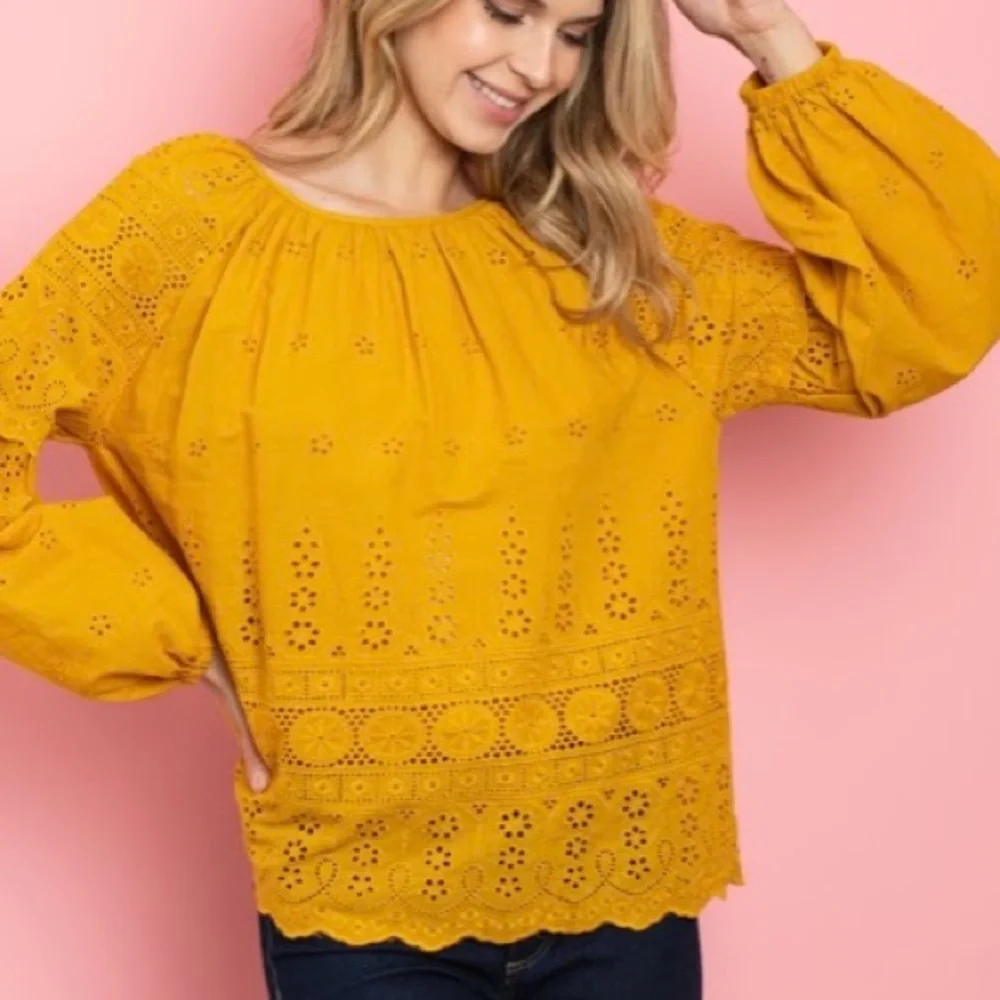 Yellow Eyelet, Long Sleeve Top - Picture 3 of 4